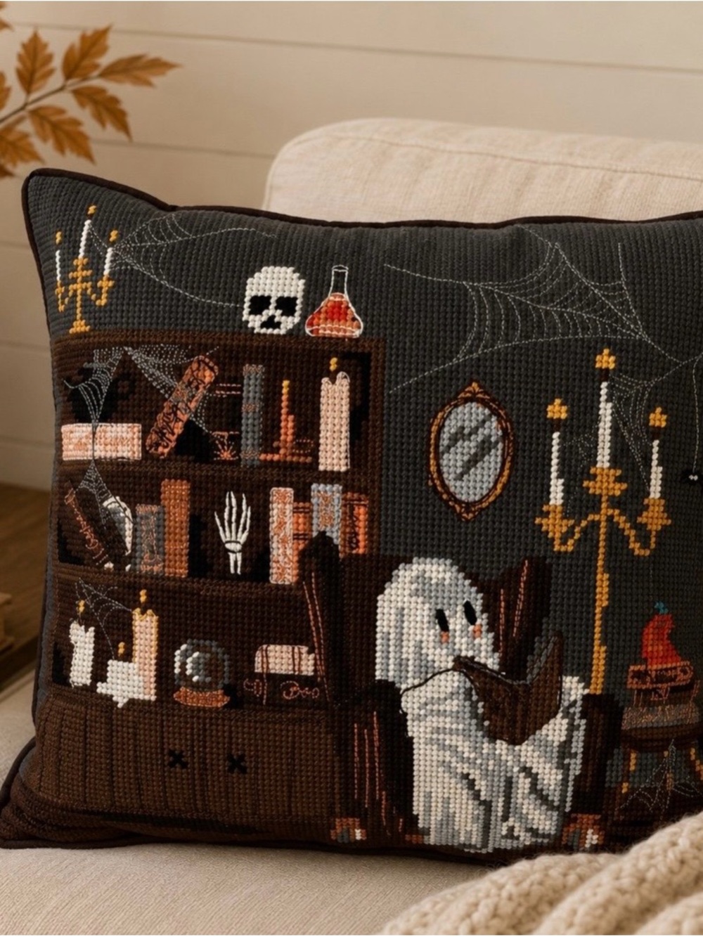 NEW Rachel Ashwell Ghost Reading Halloween Needlepoint Pillow | 14” x 14”